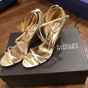 Badgley Mischka gold wedge shoes
